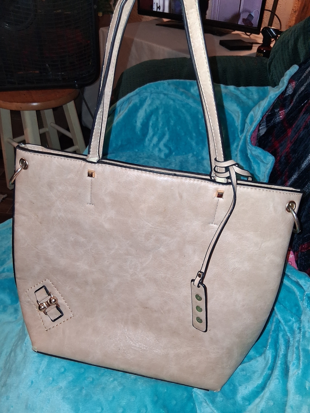Cream Tote Bag with Decorative Charm - Women's Handbag